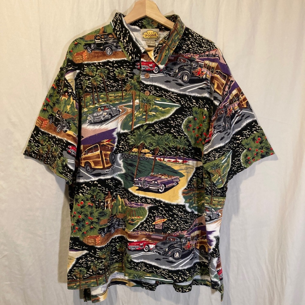 Reyn Spooner Mens Large Vintage Classic Hotrod Car All Over Print Pique Polo